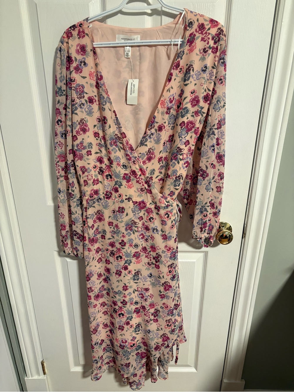 Addition Elle Pink Floral Long Sleeve Wrap Dress